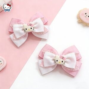 Hello Kitty Pink Hair Bow Set of 2 Girls Clips Glitter Ribbon Cute